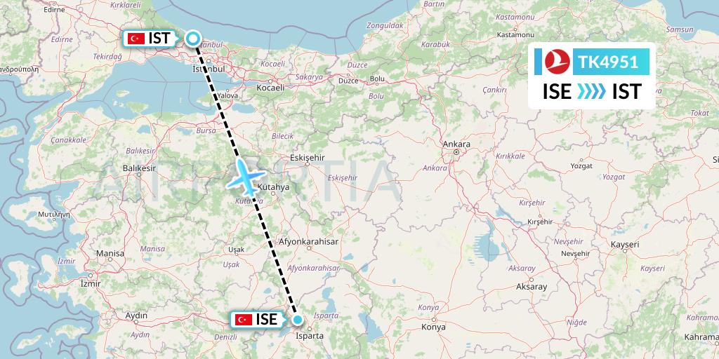 TK4951 Turkish Airlines Flight Map: Isparta to Istanbul