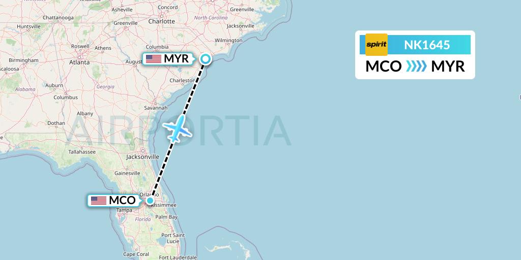 NK1645 Spirit Airlines Flight Map: Orlando to Myrtle Beach