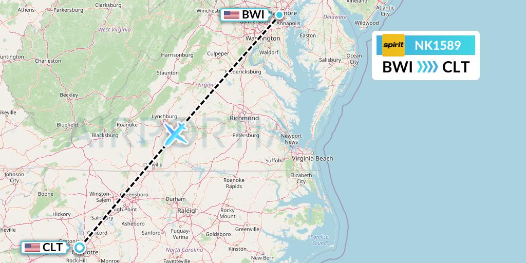 NK1589 Spirit Airlines Flight Map: Baltimore to Charlotte
