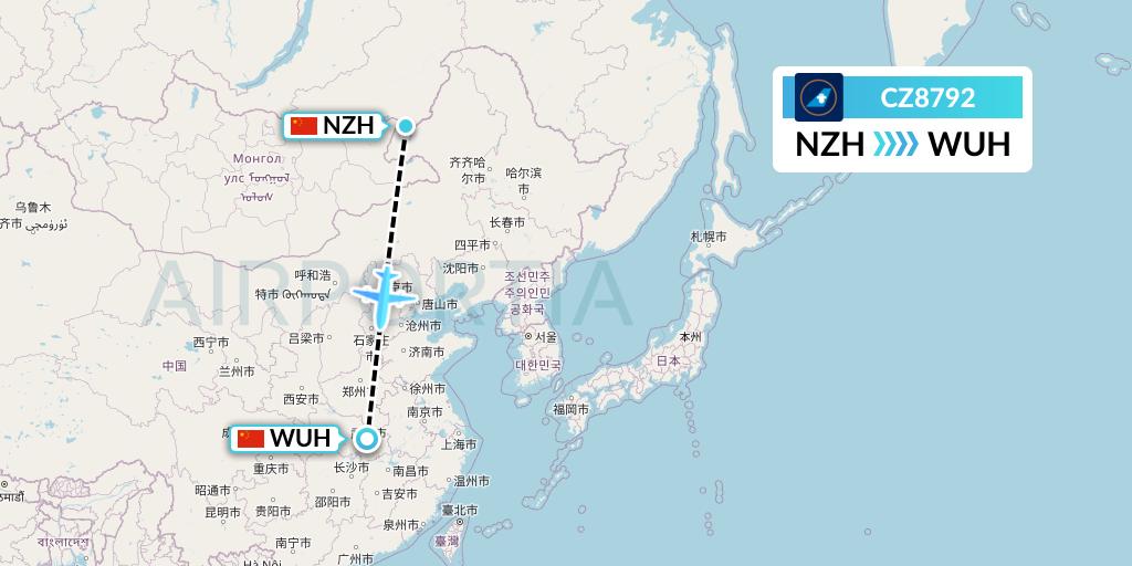 CZ8792 China Southern Airlines Flight Map: Manzhouli to Wuhan