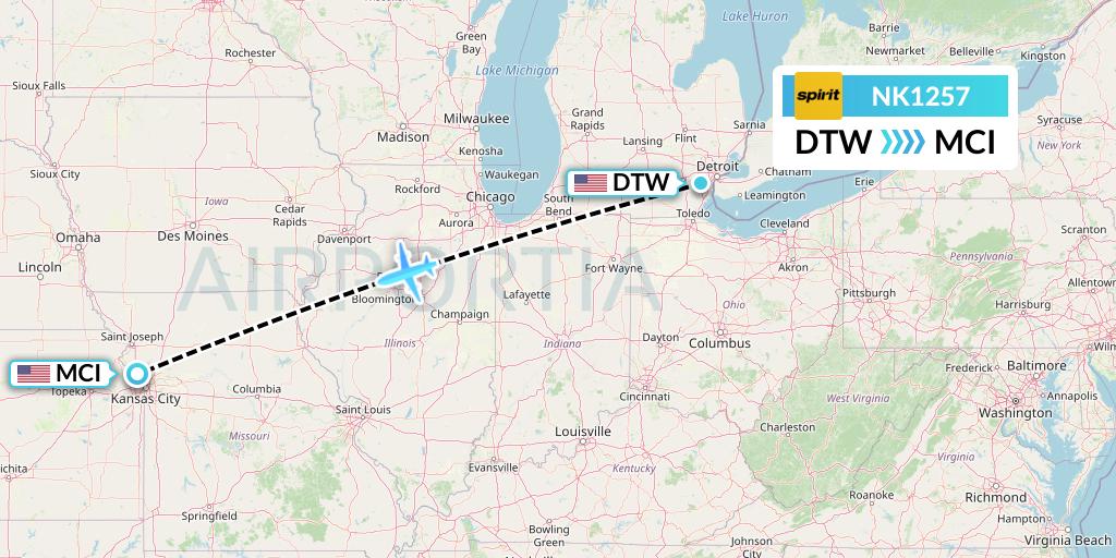 NK1257 Spirit Airlines Flight Map: Detroit to Kansas City