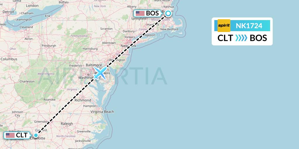 NK1724 Spirit Airlines Flight Map: Charlotte to Boston