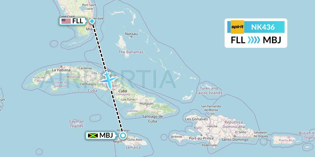 NK436 Spirit Airlines Flight Map: Fort Lauderdale to Montego Bay