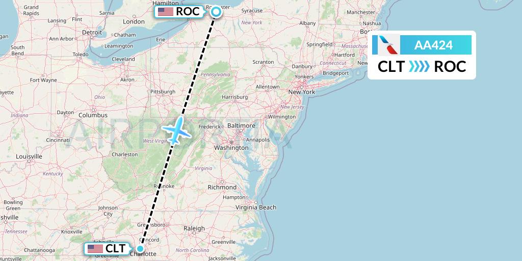 AA424 American Airlines Flight Map: Charlotte to Rochester