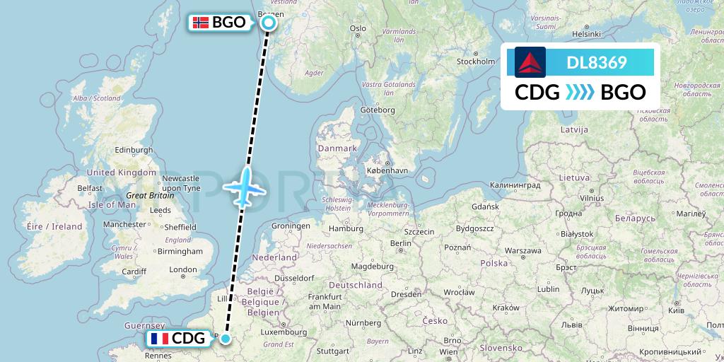 DL8369 Delta Air Lines Flight Map: Paris to Bergen