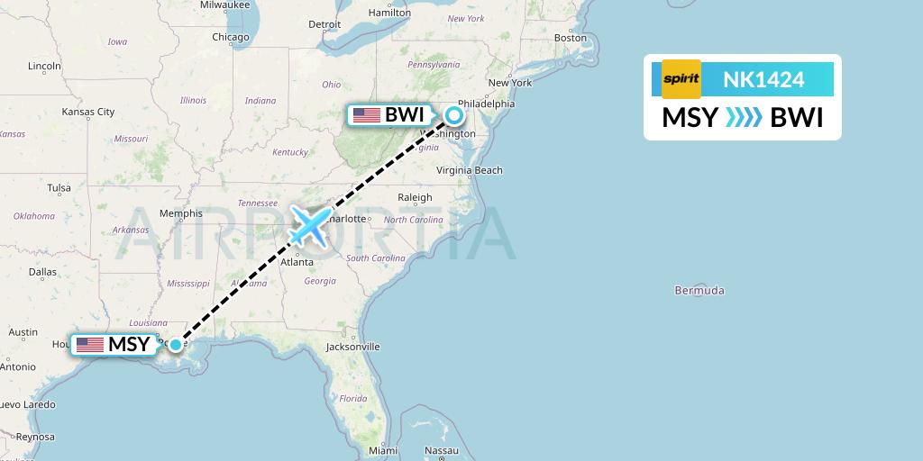 NK1424 Spirit Airlines Flight Map: New Orleans to Baltimore