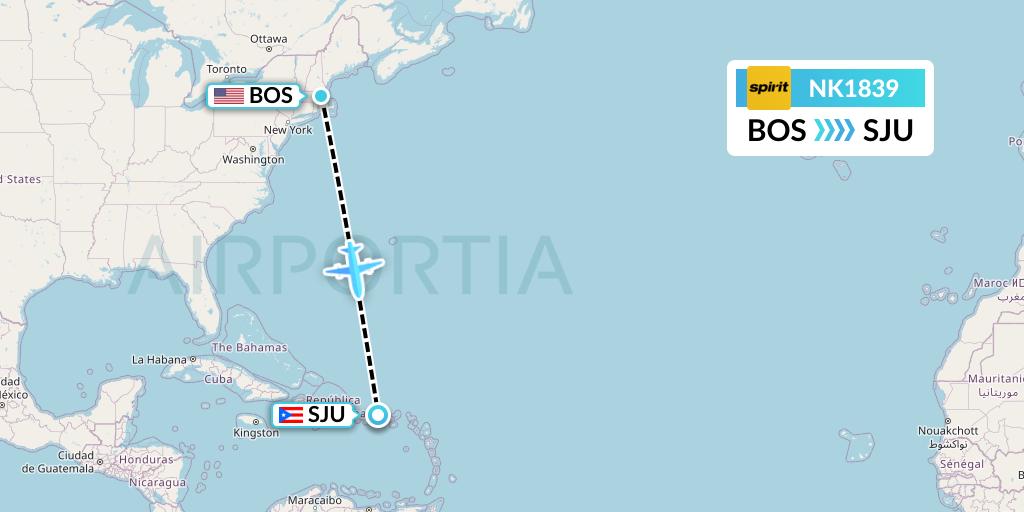 NK1839 Spirit Airlines Flight Map: Boston to San Juan