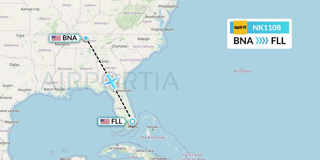 NK1108 Spirit Airlines Flight Map: Nashville to Fort Lauderdale