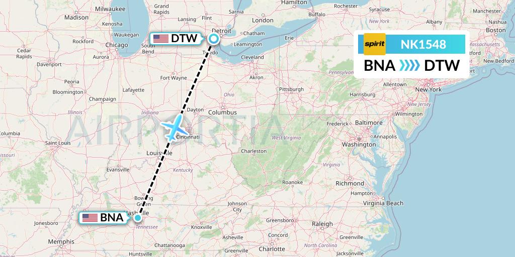 NK1548 Spirit Airlines Flight Map: Nashville to Detroit