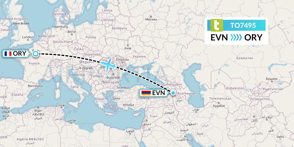 TO7495 Transavia France Flight Map: Yerevan to Paris