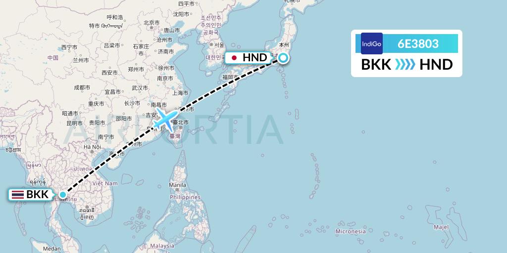 6E3803 IndiGo Airlines Flight Map: Bangkok to Tokyo