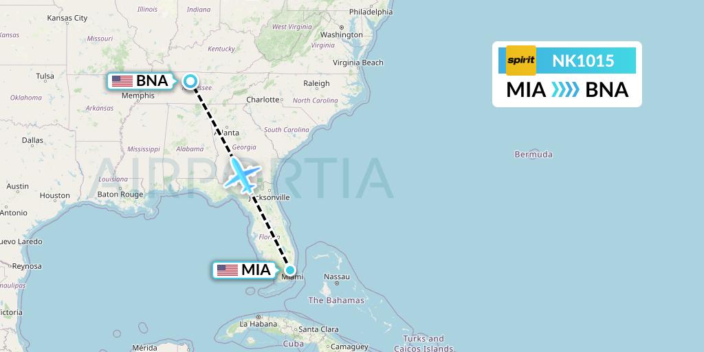 NK1015 Spirit Airlines Flight Map: Miami to Nashville
