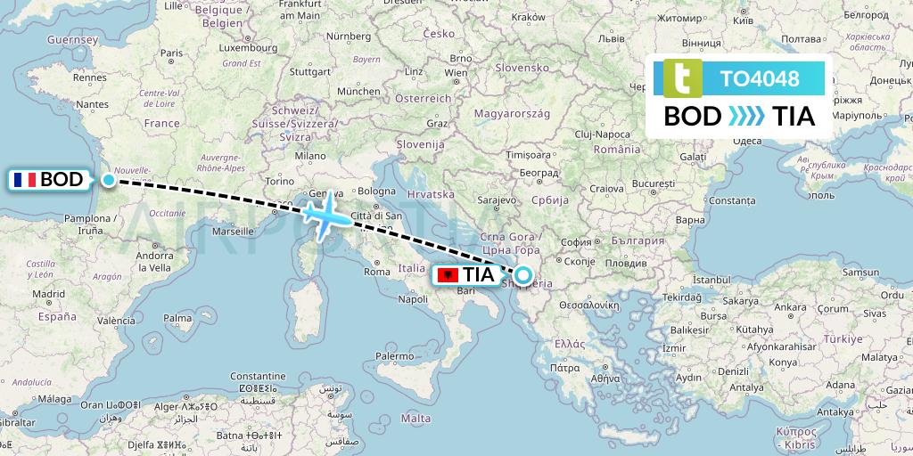 TO4048 Transavia France Flight Map: Bordeaux to Tirana