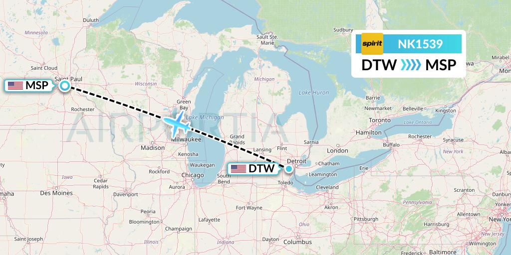 NK1539 Spirit Airlines Flight Map: Detroit to Minneapolis