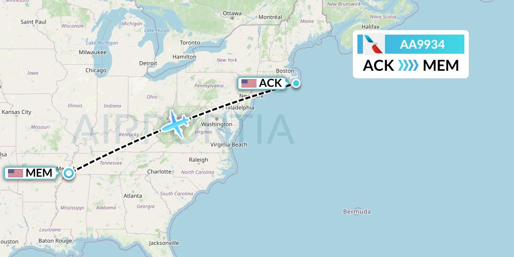 AA9934 American Airlines Flight Map: Nantucket to Memphis