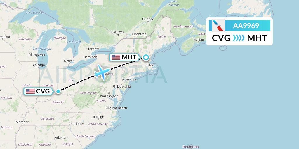 AA9969 American Airlines Flight Map: Cincinnati to Manchester