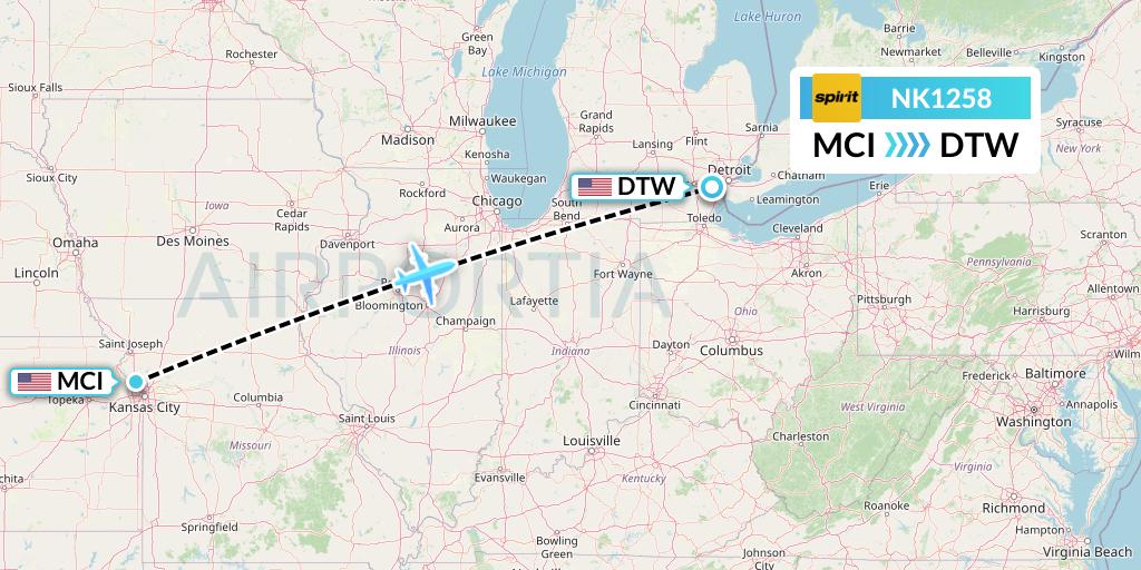 NK1258 Spirit Airlines Flight Map: Kansas City to Detroit