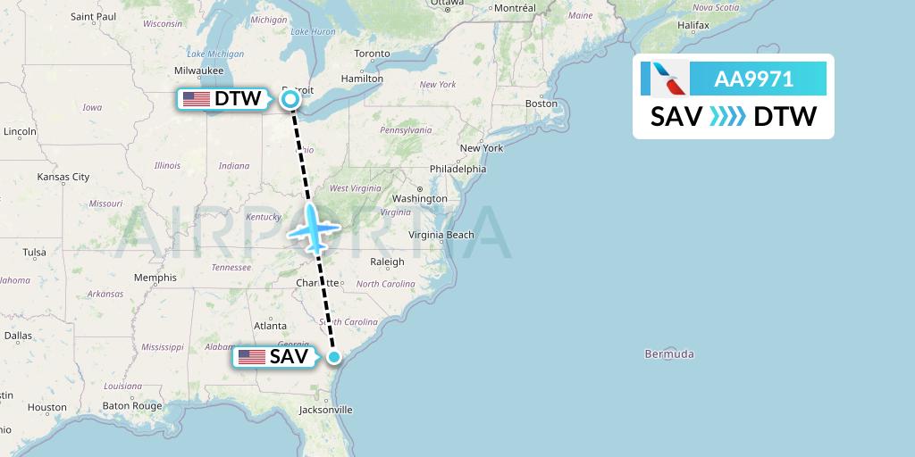 AA9971 American Airlines Flight Map: Savannah to Detroit