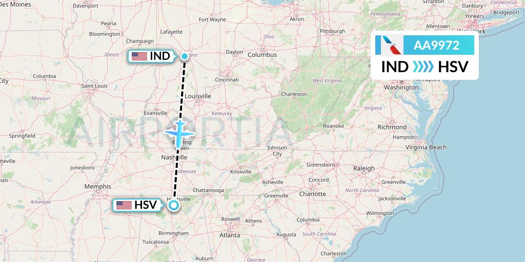 AA9972 American Airlines Flight Map: Indianapolis to Huntsville