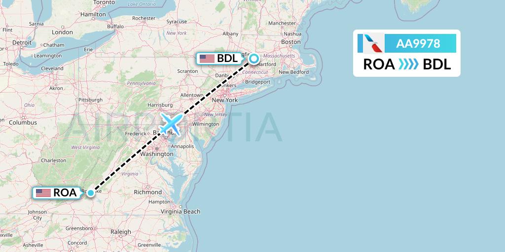AA9978 American Airlines Flight Map: Roanoke to Windsor Locks