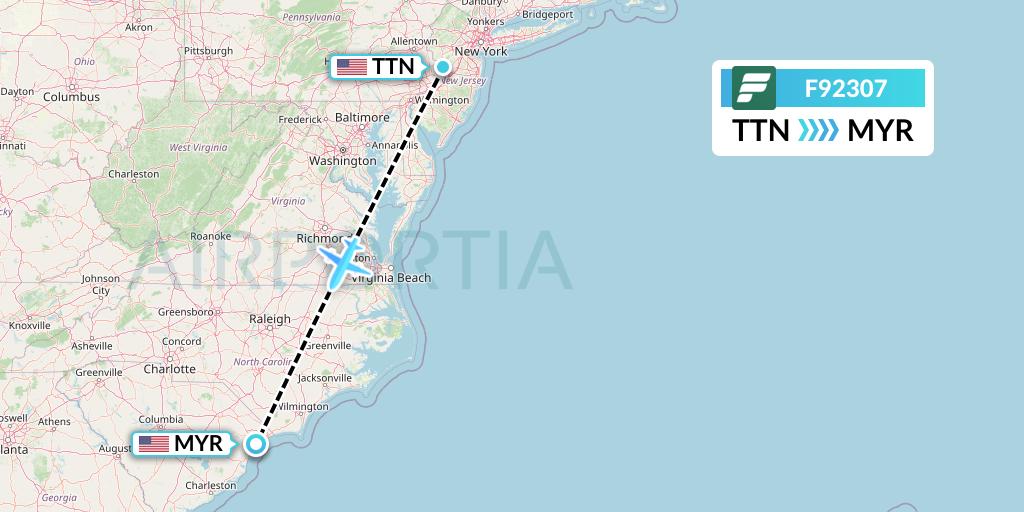 F92307 Frontier Airlines Flight Map: Trenton to Myrtle Beach
