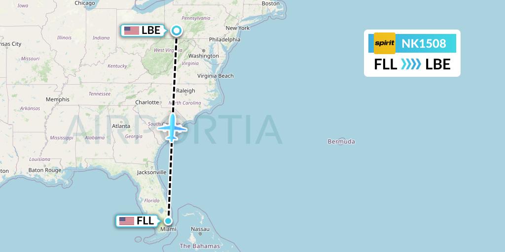 NK1508 Spirit Airlines Flight Map: Fort Lauderdale to Latrobe