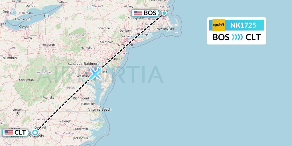 NK1725 Spirit Airlines Flight Map: Boston to Charlotte