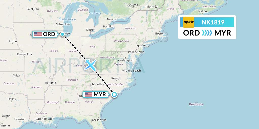 NK1819 Spirit Airlines Flight Map: Chicago to Myrtle Beach