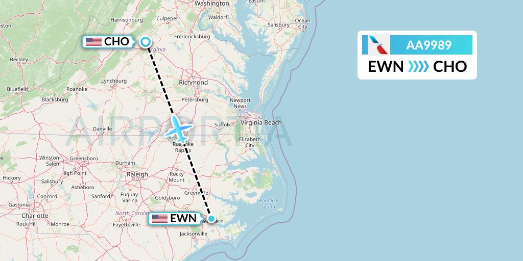AA9989 American Airlines Flight Map: New Bern to Charlottesville