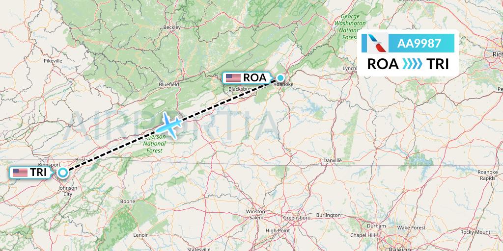 AA9987 American Airlines Flight Map: Roanoke to Blountville