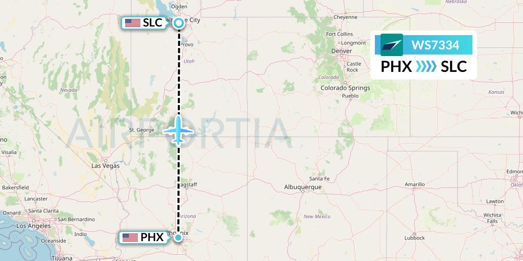 WS7334 WestJet Flight Map: Phoenix to Salt Lake City