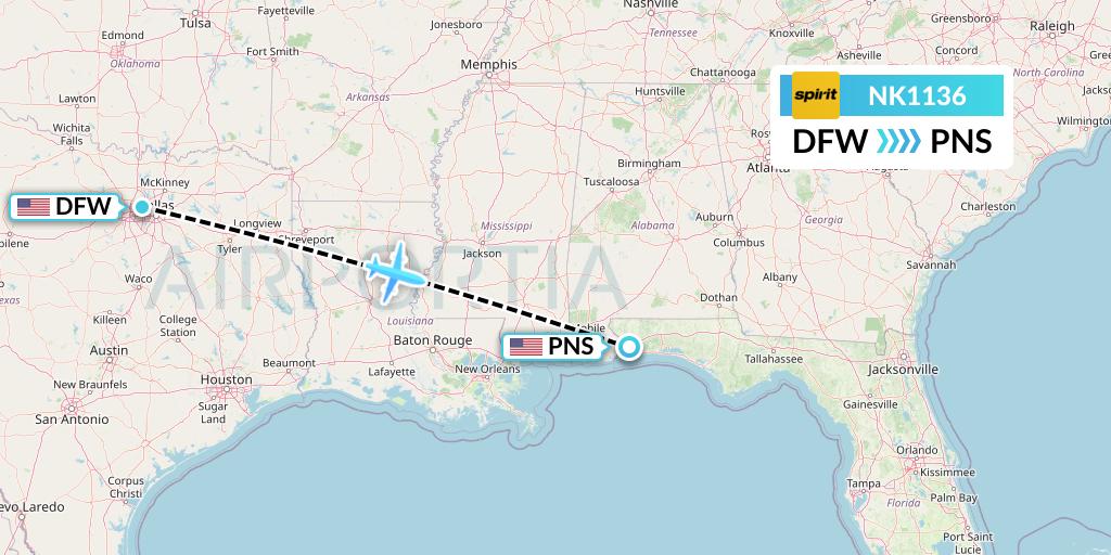 NK1136 Spirit Airlines Flight Map: Dallas to Pensacola