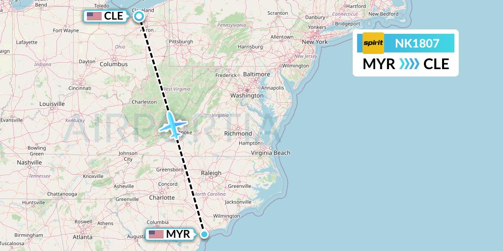 NK1807 Spirit Airlines Flight Map: Myrtle Beach to Cleveland