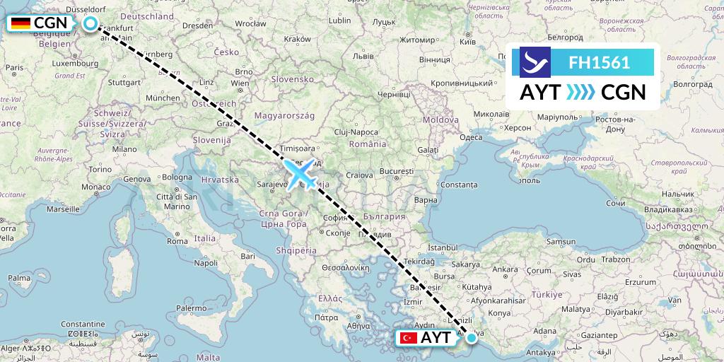 FH1561 Freebird Airlines Flight Map: Antalya to Cologne