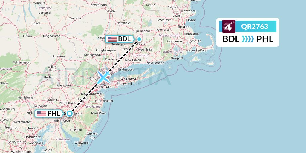 QR2763 Qatar Airways Flight Map: Windsor Locks to Philadelphia