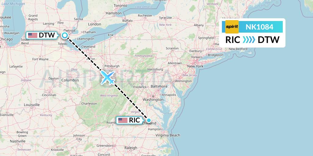 NK1084 Spirit Airlines Flight Map: Richmond to Detroit