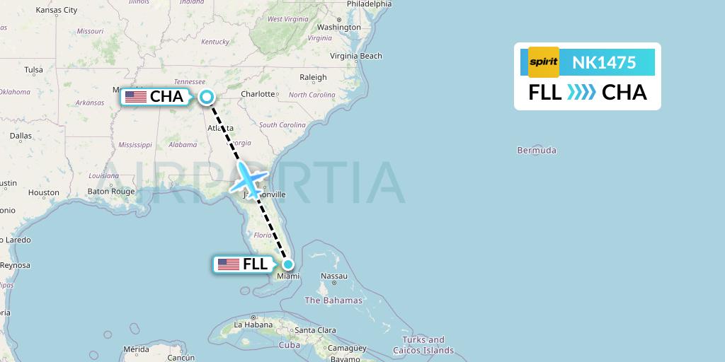 NK1475 Spirit Airlines Flight Map: Fort Lauderdale to Chattanooga