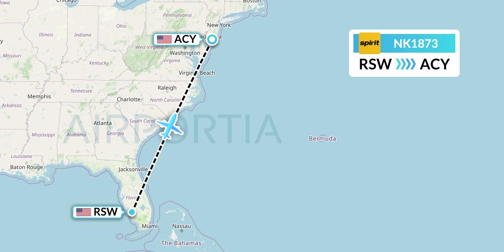NK1873 Spirit Airlines Flight Map: Fort Myers to Atlantic City