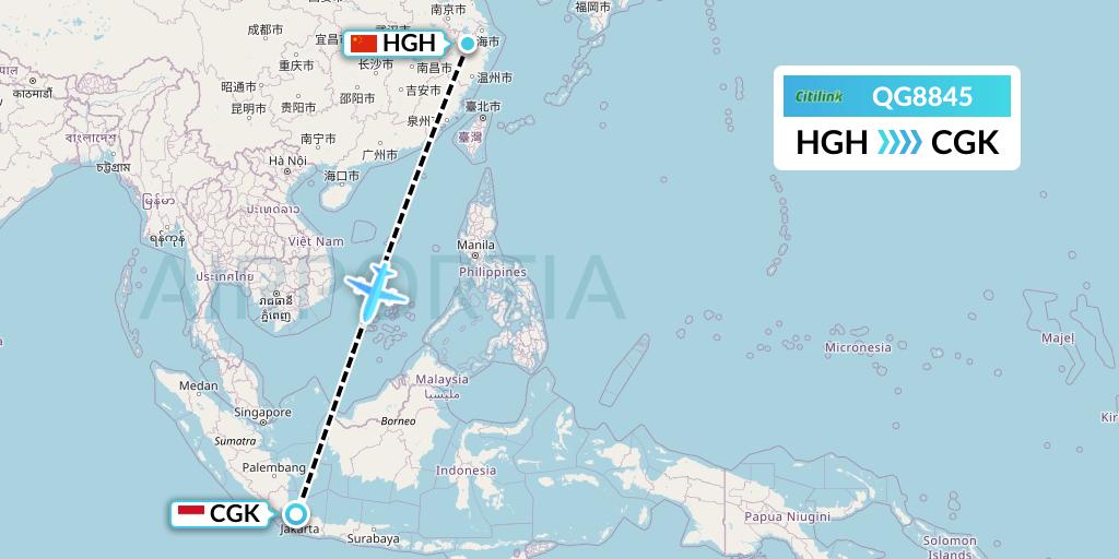 QG8845 Citilink Flight Map: Hangzhou to Jakarta