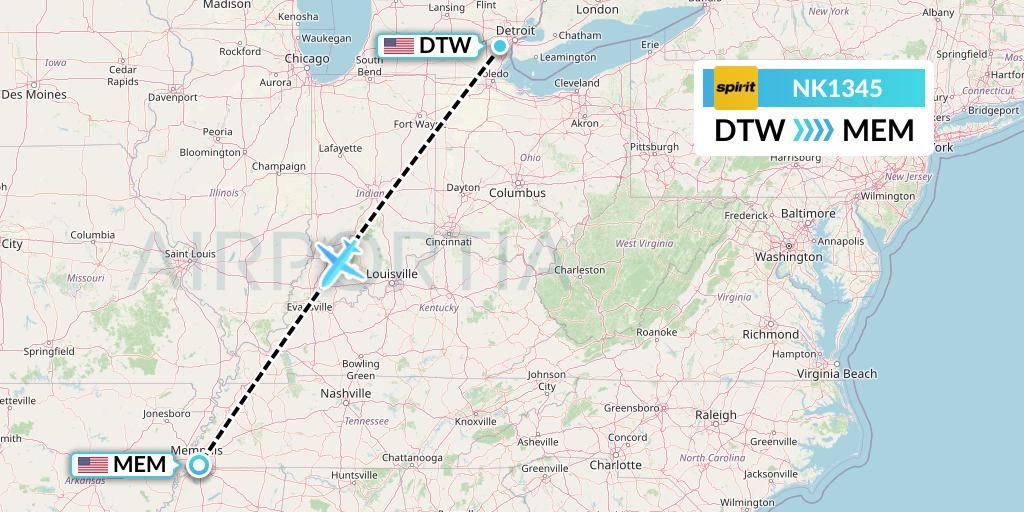NK1345 Spirit Airlines Flight Map: Detroit to Memphis