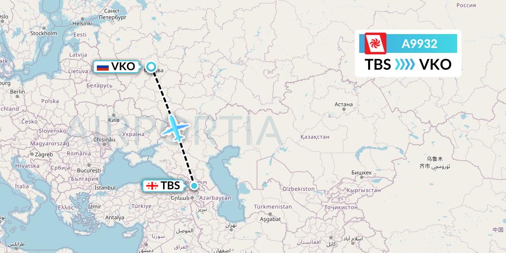 A9932 Georgian Airways Flight Map: Tbilisi to Moscow