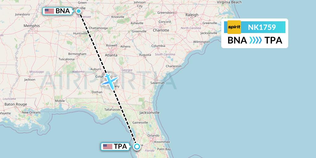 NK1759 Spirit Airlines Flight Map: Nashville to Tampa