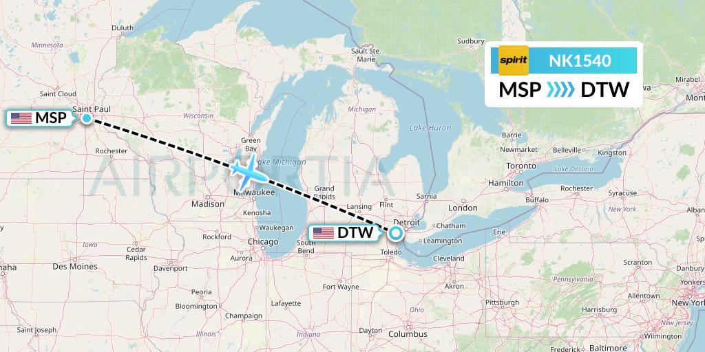 NK1540 Spirit Airlines Flight Map: Minneapolis to Detroit