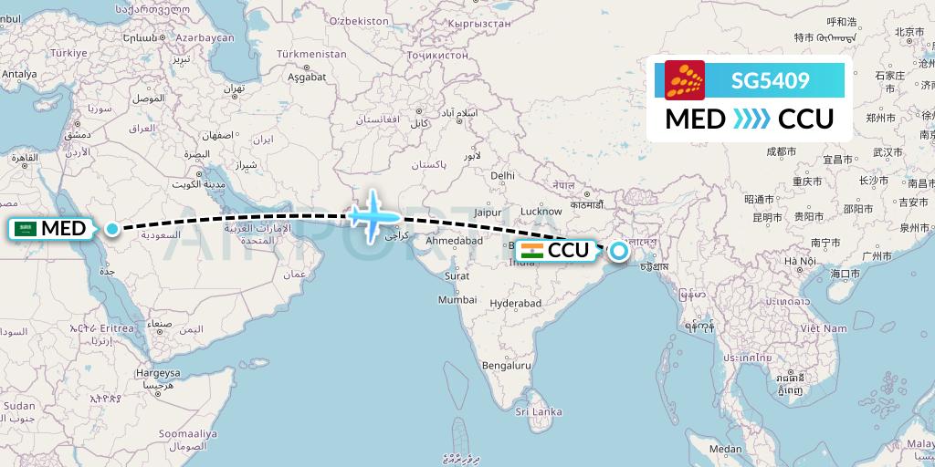 SG5409 SpiceJet Flight Map: Medina to Kolkata