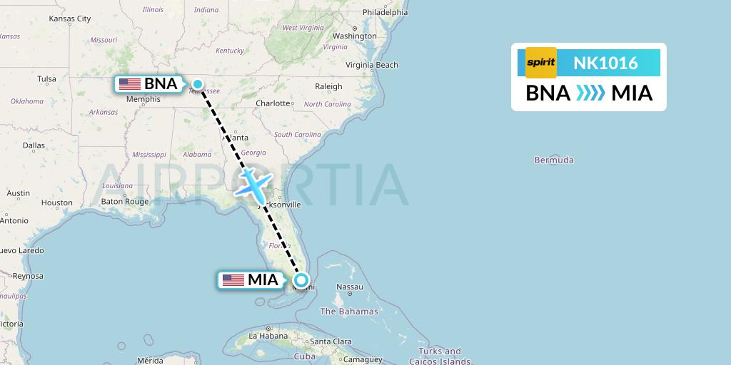 NK1016 Spirit Airlines Flight Map: Nashville to Miami