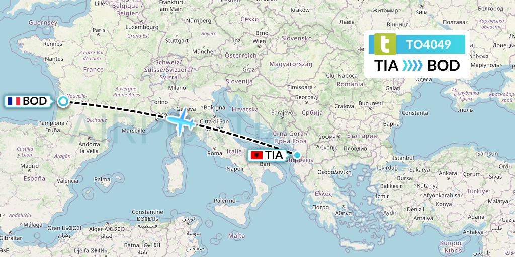 TO4049 Transavia France Flight Map: Tirana to Bordeaux