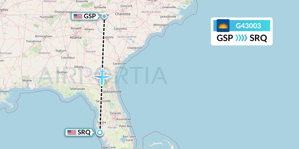 G43003 Allegiant Air Flight Map: Greenville-Spartanburg to Sarasota