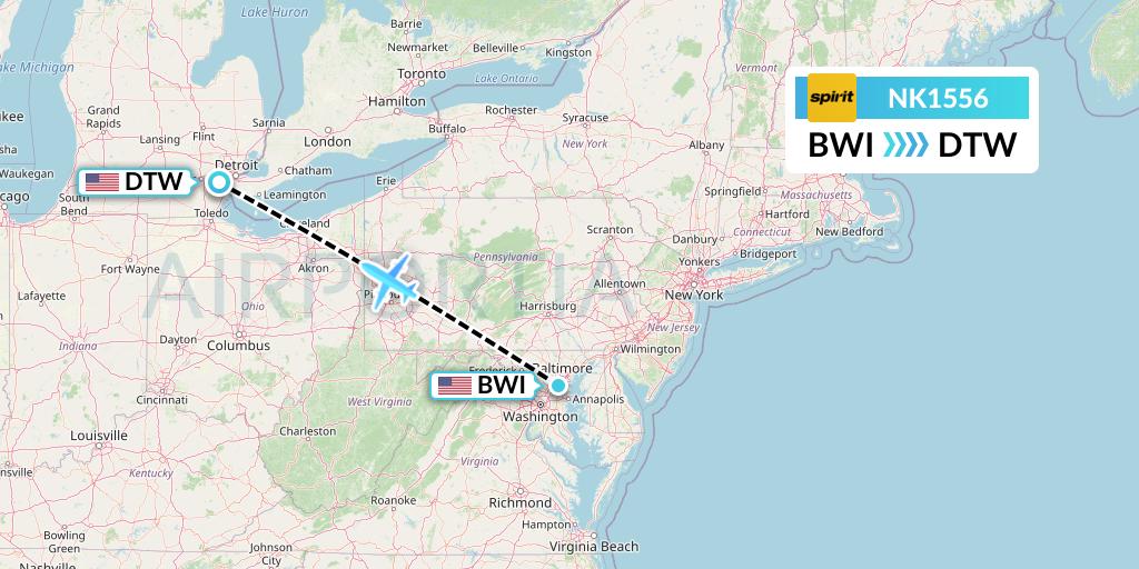 NK1556 Spirit Airlines Flight Map: Baltimore to Detroit