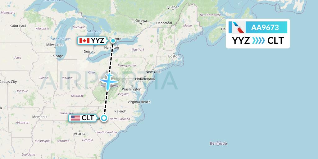AA9673 American Airlines Flight Map: Toronto to Charlotte
