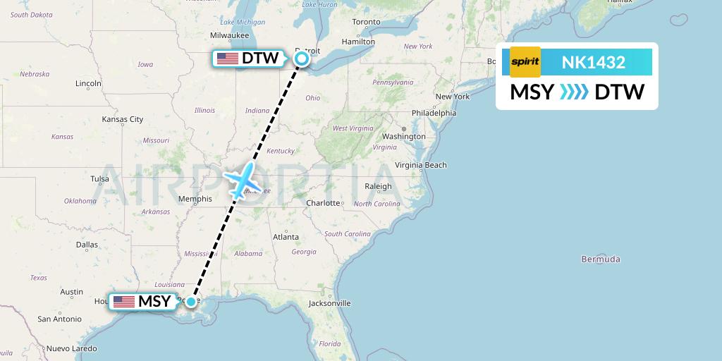 NK1432 Spirit Airlines Flight Map: New Orleans to Detroit